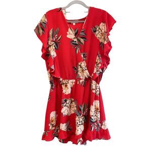 Anthropologie Umgee Floral Roses Surplice Ruffle Romper Chili Red Size Large‎